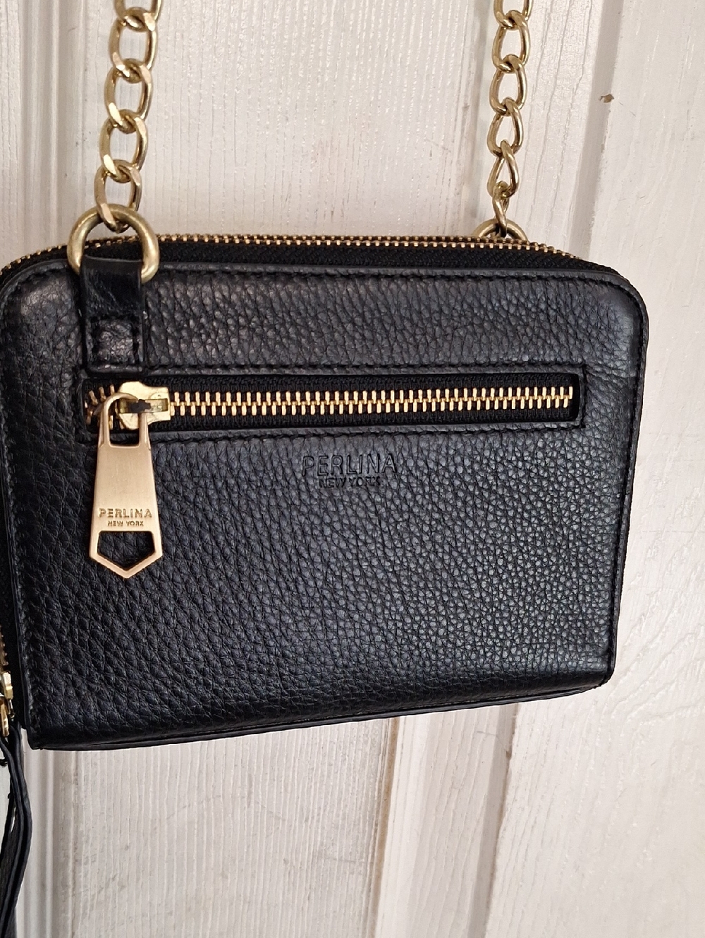 Perlina New York Black Leather Crossbody Chain Bag